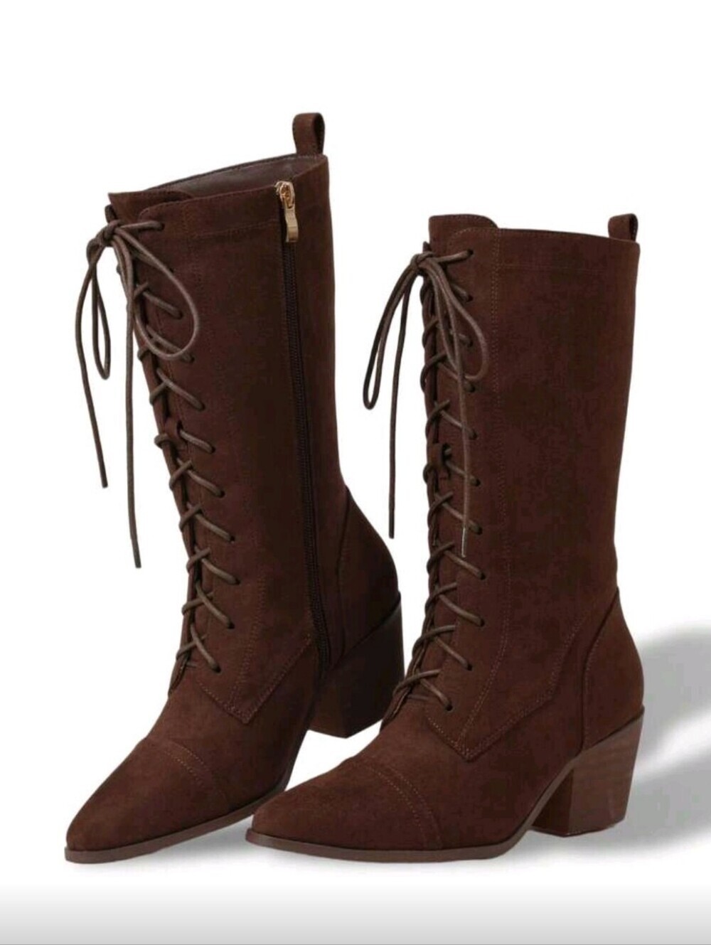 Women's Easter Leather Brown Mid Calf Boots Lace Up Chunky Heel Vintage Combat H - Picture 2 of 7